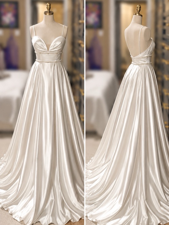 Dresses & Skirts - Ivory Satin Bridal Wedding Gown w/ Pearl Detail & Pockets – Street Size 8